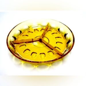 Amber Gold Glass Large Divided Plate Bowl Dish Veggie Fruit Snack Serving Tray